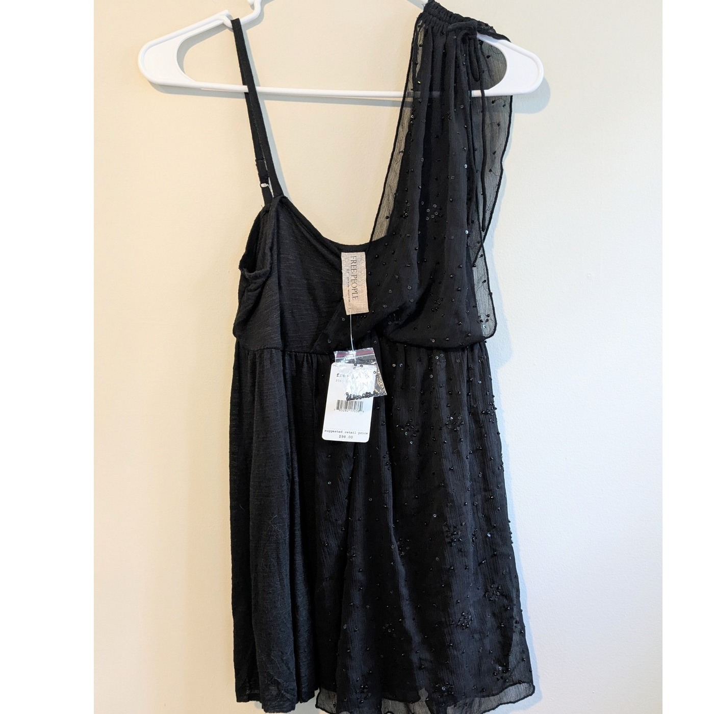 Free People Black Beaded Embellished One Shoulder Sequined Top Y2k Size S Nwt